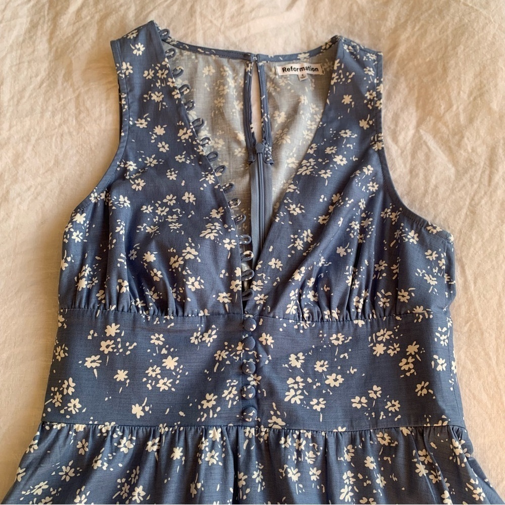 Reformation Isador Cotton Floral Button V Neck A Line Mini Dress Lassen Blue - Picture 7 of 10